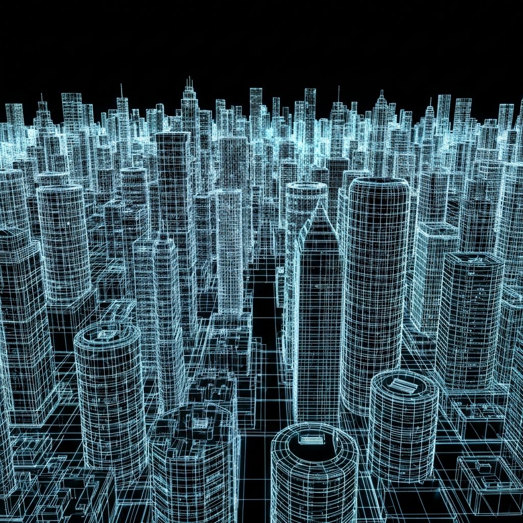 Wireframe blueprint cityscape with cyan architectural visualization representing AI property mapping